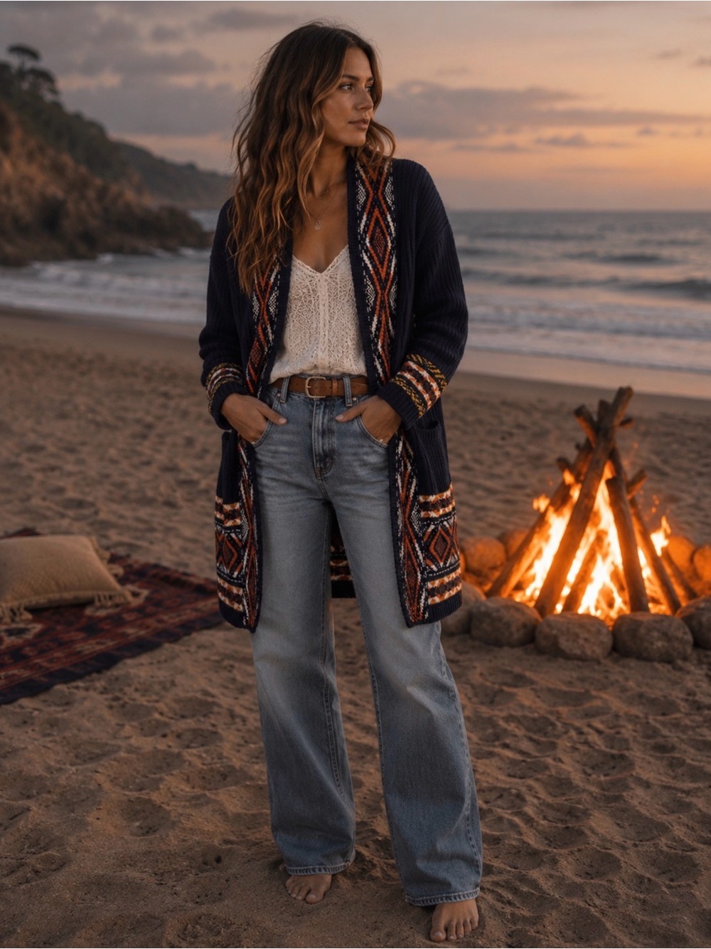 Lucky Brand Navy Open-Front Cardigan with Orange& Cream Pattern